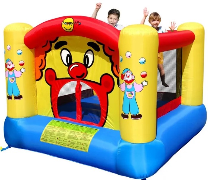 Clownliknande hoppborg med måtten 2,25 meter djup och 3 meter bred med höjden 1,8 meter hoppborgen upptar totalt 6,75 kvadratmeter, den blåses snabbt upp med den medföljande fläkten, passar bäst för barn upp till 6 år med en maxvikt på alla barn i hoppborgen samtidigt på ca. 75 kg, rekommenderat att max 3 barn hoppar åt gången. Fläkten kopplas till 220 volt eluttag och drar mellan 400 till 500 watt.