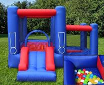 Clownliknande hoppborg med måtten 2,25 meter djup och 3 meter bred med höjden 1,8 meter hoppborgen upptar totalt 6,75 kvadratmeter, den blåses snabbt upp med den medföljande fläkten, passar bäst för barn upp till 6 år med en maxvikt på alla barn i hoppborgen samtidigt på ca. 75 kg, rekommenderat att max 3 barn hoppar åt gången. Fläkten kopplas till 220 volt eluttag och drar mellan 400 till 500 watt.